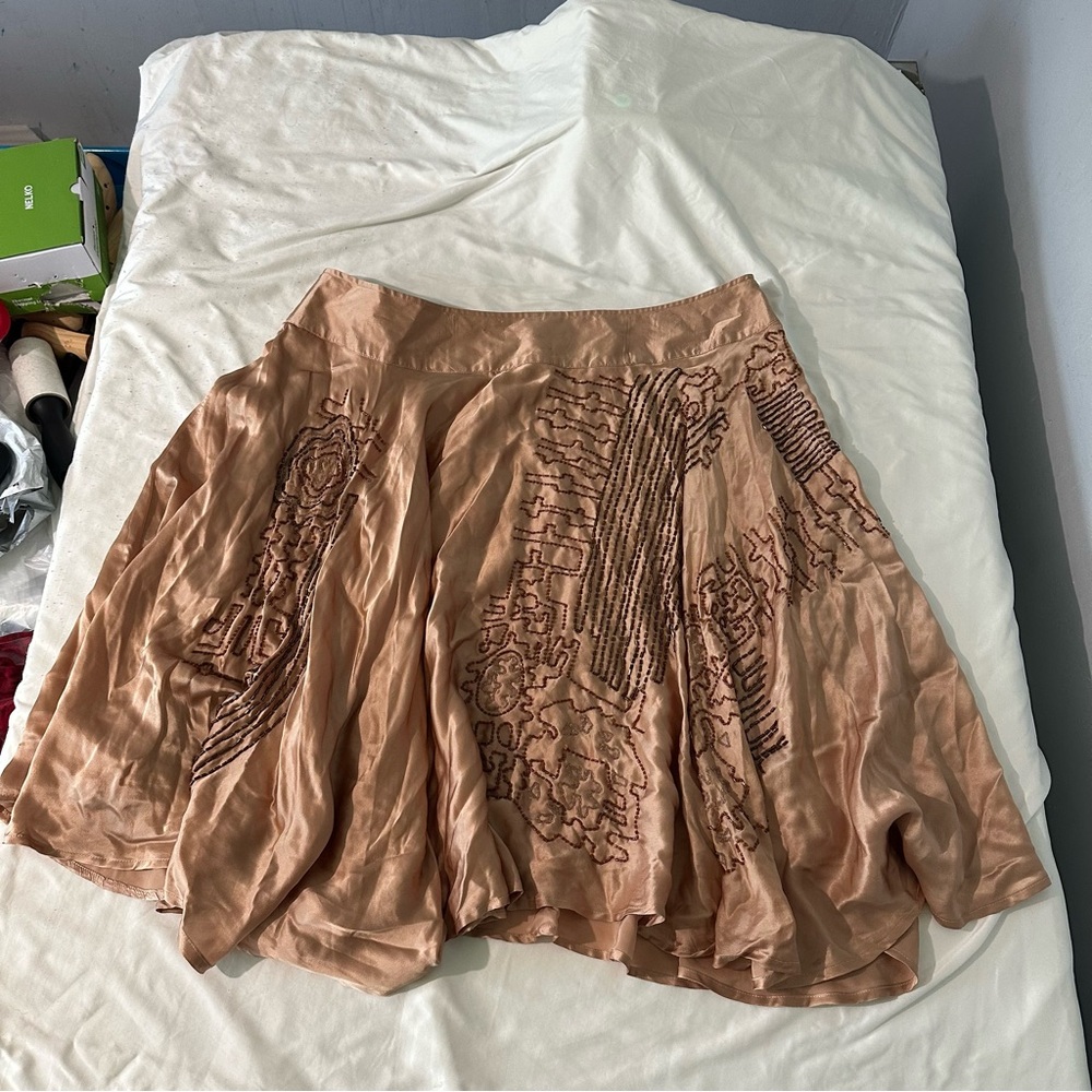 Tracy Porter Women’s 16 100% Silk Beaded Skater Skirt NWOT Rose Gold Bohemian